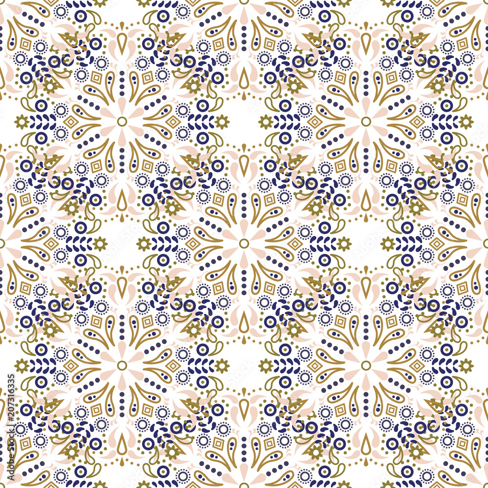 Mandala seamless vector pattern. Oriental lattice dense repeat backdrop for textile print.
