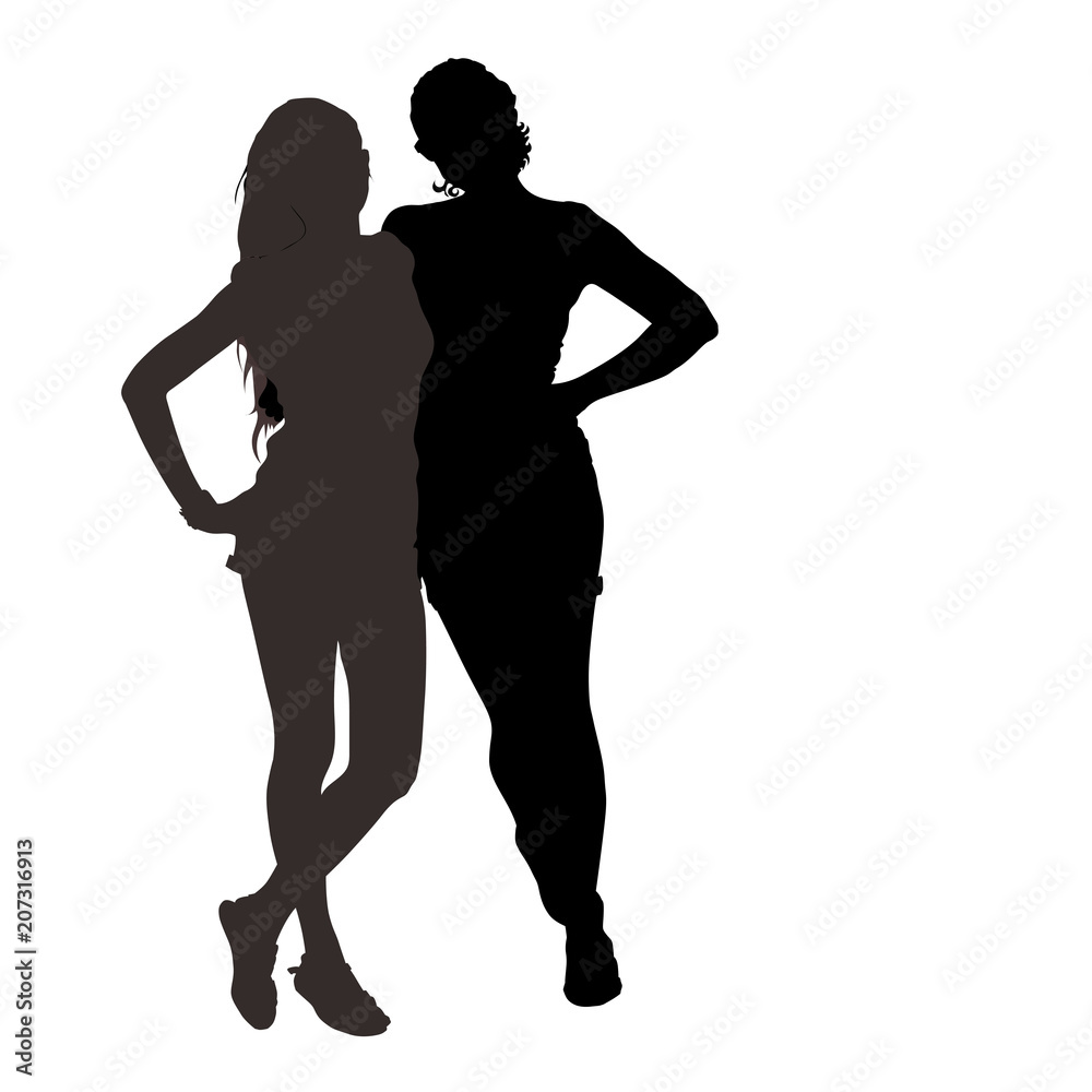 Vector silhouettes of two beautiful long-legged young girls with slender figures isolated on white background in full growth are embracing each other in summer clothes.