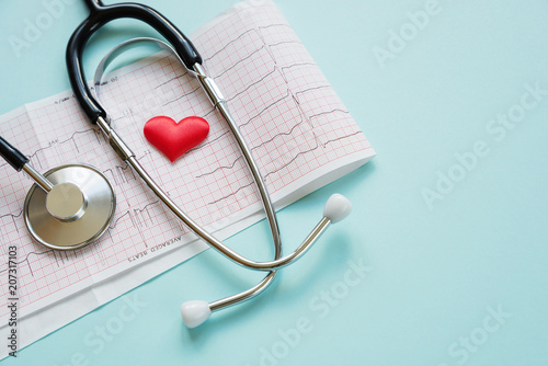 Cardiogram and stethoscope on blue