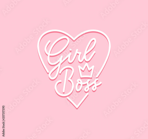 Girl boss Vector poster with lettering inscription, crown and heart. calligraphy isolated on pink background. Feminism slogan with hand drawn lettering. Print for poster, card.