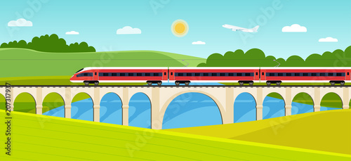 Train on railway and bridge with forest and river. Vector flat style illustration