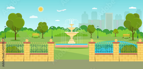 Fountain and fence in the park. Summer landscape. Vector flat style illustration