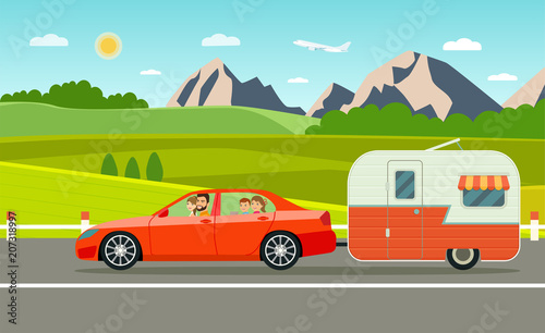family holiday. Travel trailer and sedan. Forest and mountain landscape. Vacation poster concept. Flat style vector illustration