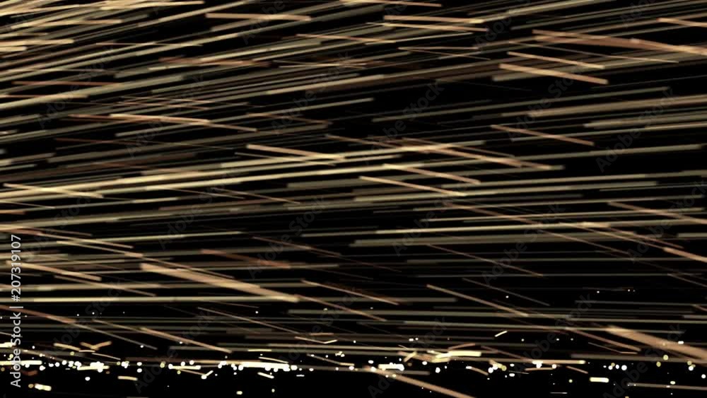Animated close up of realistic sparks or heated metal shards rapidly bursting or flying as if cutting through sheet of metal. Some particles stick to black base, mask included.