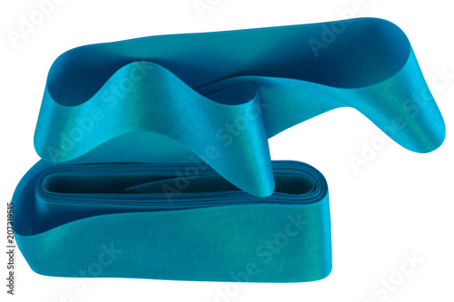 Decorative satin ribbon of turquoise color, folded on a white background in an arbitrary shape.