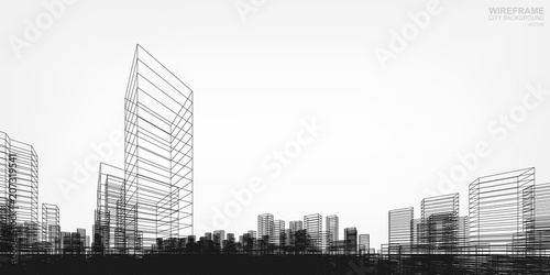 Fototapeta Perspektywa 3D renderowania szkielet budynku. Miasto szkielet tło wektor budynków.
