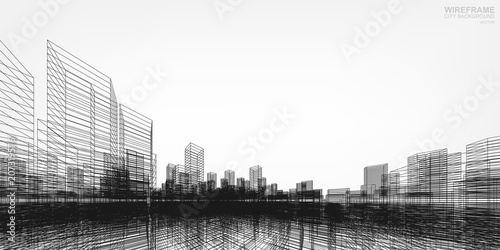 Perspective 3D render of building wireframe. Vector wireframe city background.