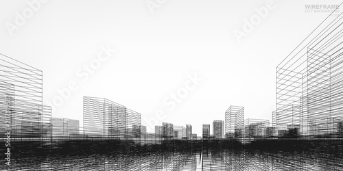 Perspective 3D render of building wireframe. Vector wireframe city background of buildings.