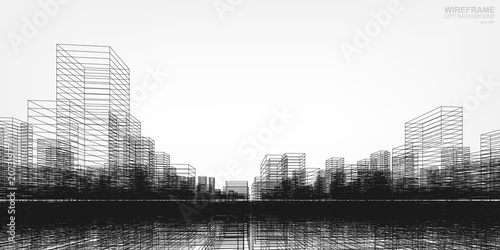 Perspective 3D render of building wireframe. Vector wireframe city background of buildings.