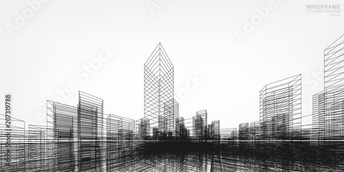 Perspective 3D render of building wireframe. Vector wireframe city background of buildings.