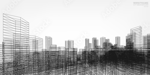 Perspective 3D render of building wireframe. Vector wireframe city background of buildings.