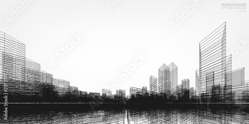 Perspective 3D render of building wireframe. Vector wireframe city background of buildings.