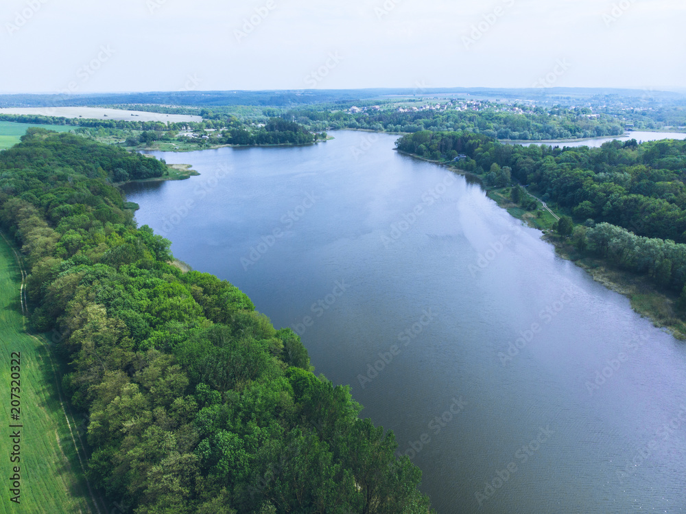 aerial view of river. small town on background aerial view of river. small town on background