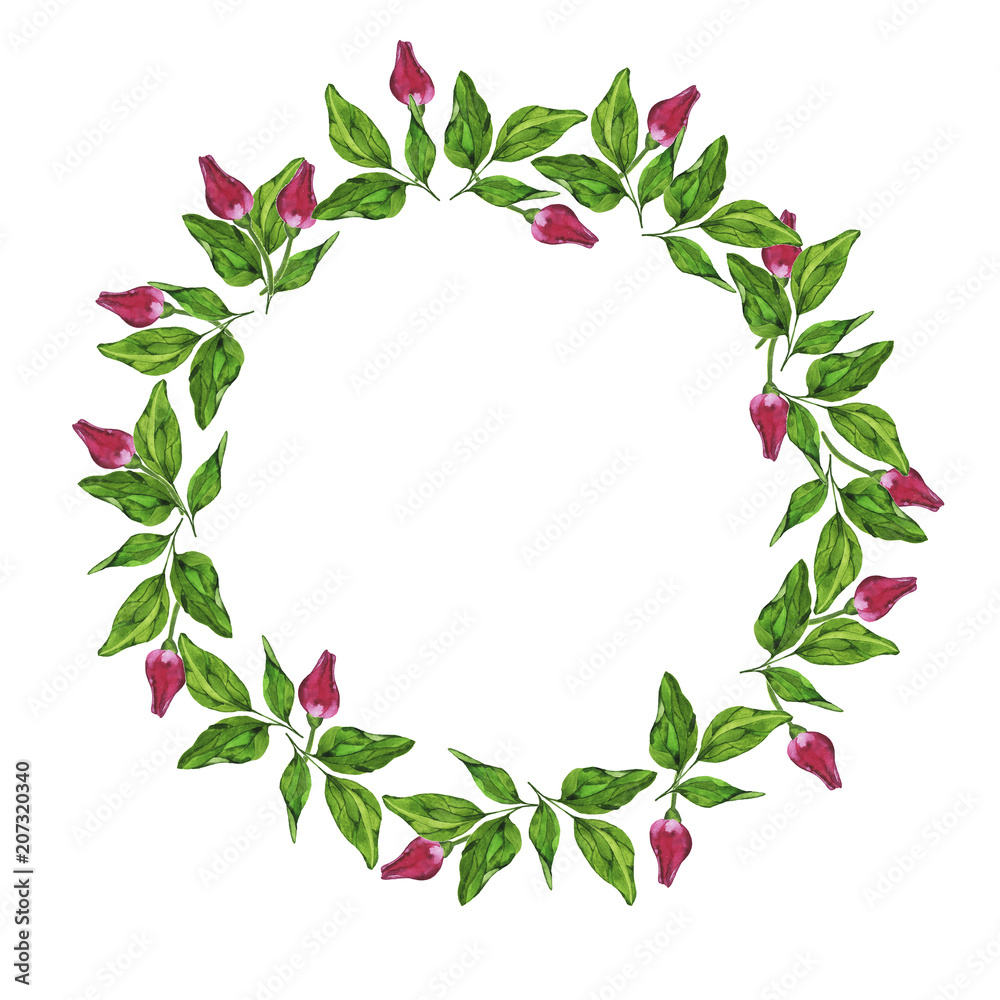 Fresh green leaves and deep pink flowers frame isolated on white background. Hand drawn watercolor illustration. Fresh green leaves and deep pink flowers frame isolated on white background. Hand drawn watercolor illustration.