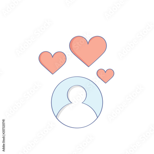Cute fun user head, profile with love thoughts, hearts around character face. Social media emoji, like, sympathy, positive emotion vector icon concept
