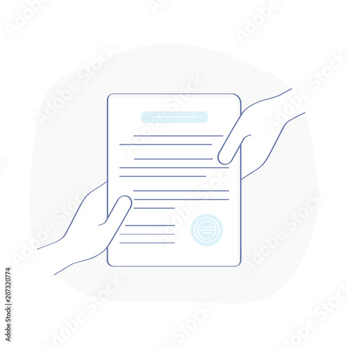Blank, document with stamp that is held by two people hands at a time. Transfer of rights, agreement, contract, open access, consent, compliance, convention or deal icon