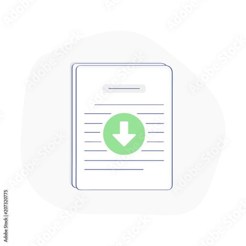 Download document. White paper icon, ICO main investment document, company strategy, brief, approved development product plan. Flat outline modern vector illustration with downloading green arrow