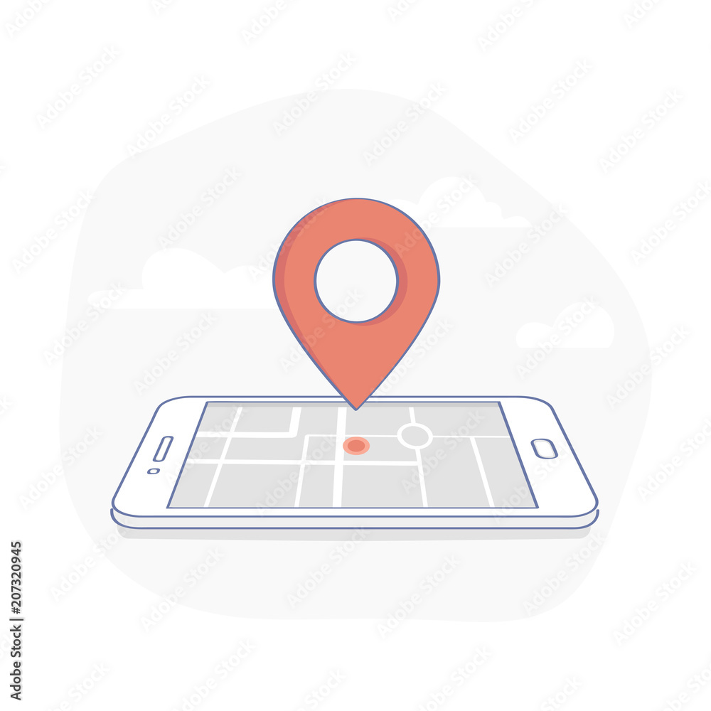 Geo Pin Tag on mobile phone display. Smartphone with map on screen. GPS,  Destination, Traveling, Map Navigation, Location, Road Direction and  pointer marker icon concept. Flat outline sign. Stock-Vektorgrafik | Adobe  Stock