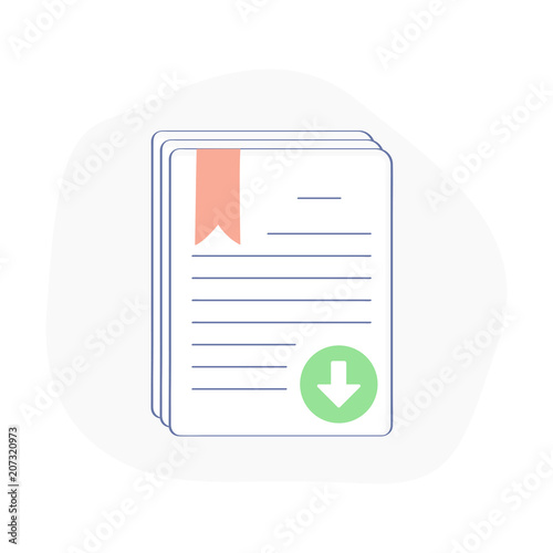White paper icon, ICO main investment document, company strategy, brief, approved development product plan. Flat outline modern vector illustration with downloading green arrow