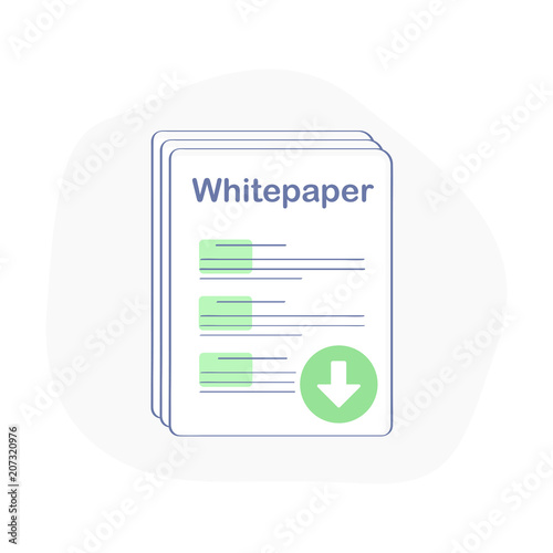 Whitepaper icon, ICO main investment document, company strategy, brief, development product plan. Flat outline modern vector illustration with downloading green arrow