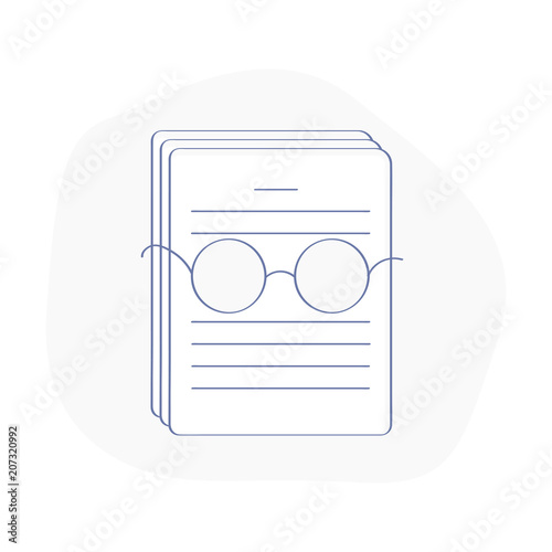 Whitepaper icon, main ICO document, investment doc, company strategy, brief, development product plan. Cute fun pile of papers in glasses. Important documents to study concept