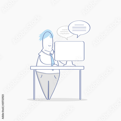Work on laptop, workplace. Cute cartoon adult man working on computer vector illustration. Freelancer character, supporter, online support or chatting, answers and questions. Business, office work.