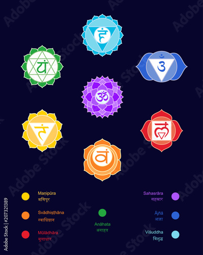 Chakras set: muladhara, swadhisthana, manipura, anahata, vishuddha, ajna,   sahasrara. Vector line symbol. Om sign. Dark background