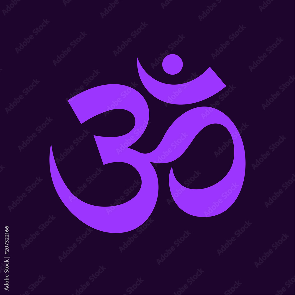 Om symbol violet. Buddhism, yoga sign. Vector web banner or print Om symbol violet. Buddhism, yoga sign. Vector web banner or print