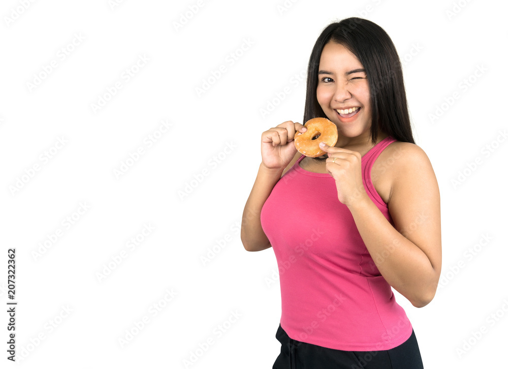 beautiful plus size Asian woman holding a doughnut, isolated on white background. beautiful plus size Asian woman holding a doughnut, isolated on white background.