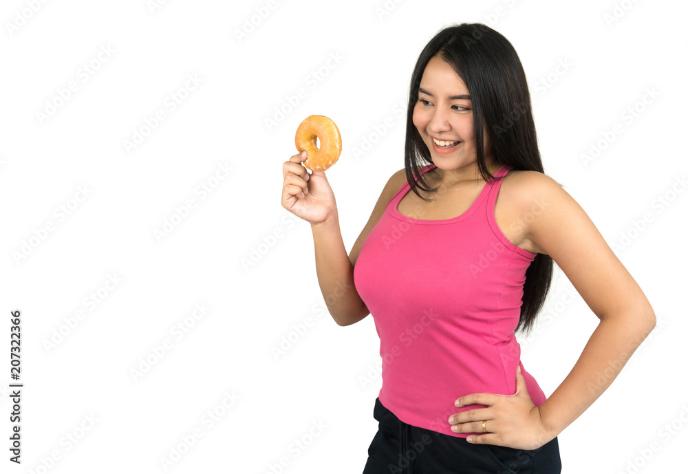 beautiful plus size Asian woman holding a doughnut, isolated on white background. beautiful plus size Asian woman holding a doughnut, isolated on white background.