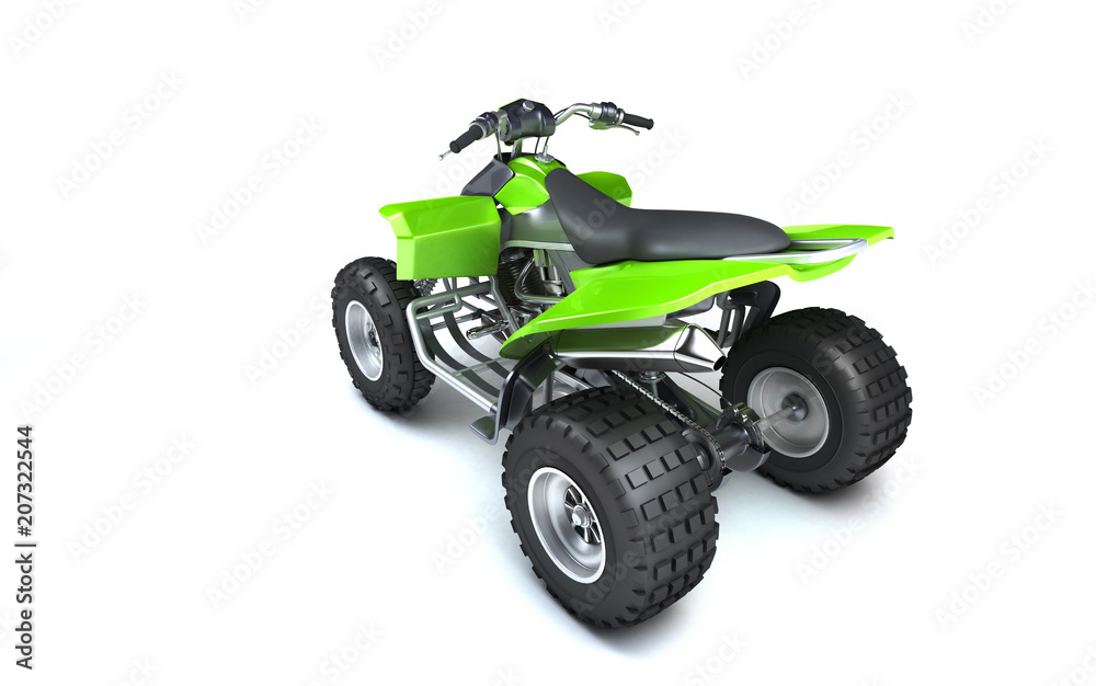 High angle rear view of powerful green ATV quadbike isolated on white background. Perspective. 3D render. High angle rear view of powerful green ATV quadbike isolated on white background. Perspective. 3D render.