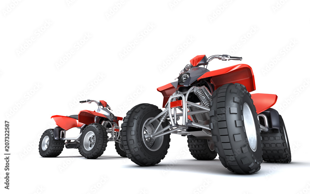 Massive concept. Group of two powerful red ATVs quadbikes isolated on white background. Perspective. Bottom view. 3D render. Massive concept. Group of two powerful red ATVs quadbikes isolated on white background. Perspective. Bottom view. 3D render.