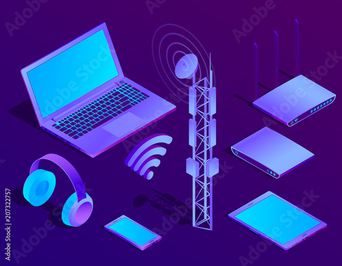 Vector 3d isometric violet laptop, router with wi-fi and radio repeater. Ultraviolet computer with headphones, smartphone for networking, cloud storage. Wireless technology, electronic mobile device.
