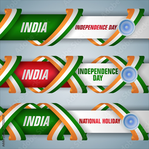Set of web banners with texts, spinning wheel and national flag colors for 15th of August, India, Independence day, celebration; Vector illustration