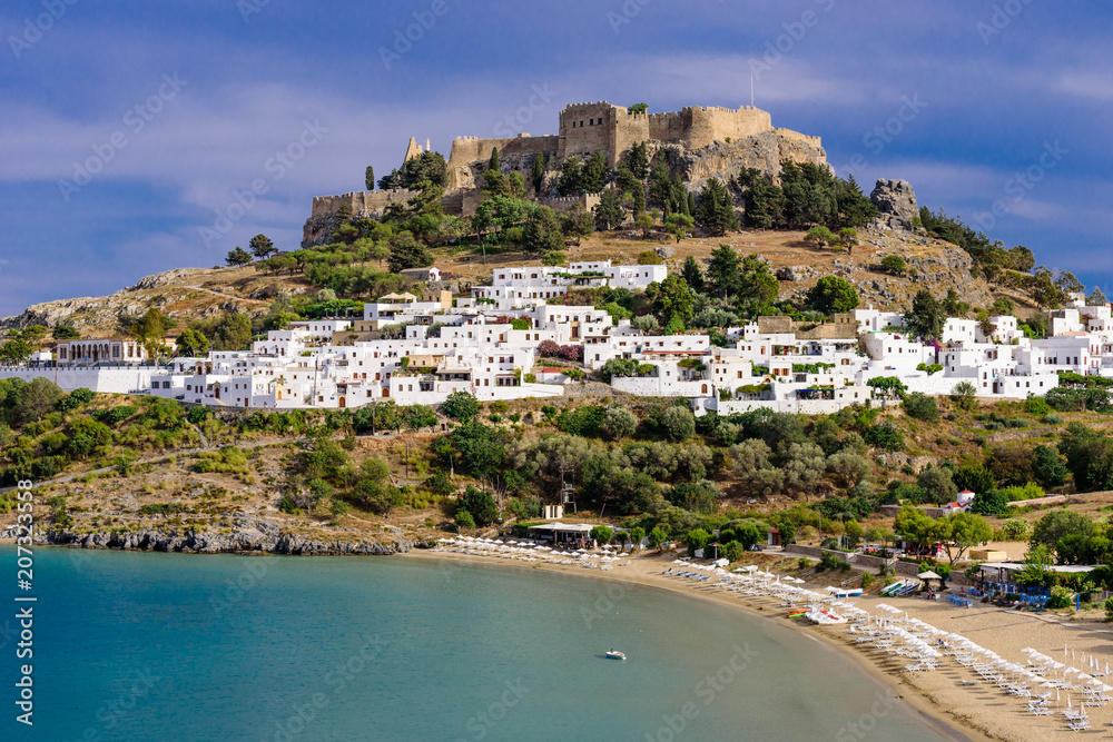 Lindos with the castle above on the Greek Island of Rhodes
