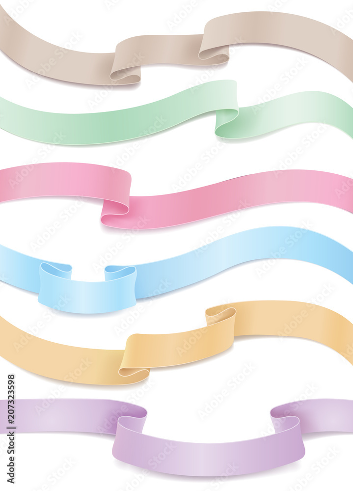Vector set of flowing satin or silk ribbons in pastel shades. Horizontal design elements for sale, decoration. Ornate elegant decor objects. Collection for business, celebration Vector set of flowing satin or silk ribbons in pastel shades. Horizontal design elements for sale, decoration. Ornate elegant decor objects. Collection for business, celebration