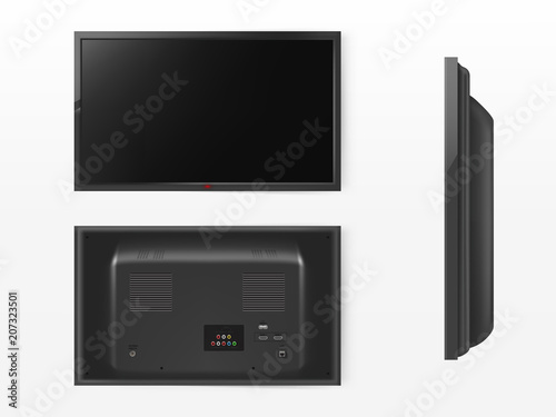 Vector lcd screen, mock up of plasma television. Front, back and side view of modern video system. HD tv, HDMI digital technology. Black display in 3d realistic style isolated on white background
