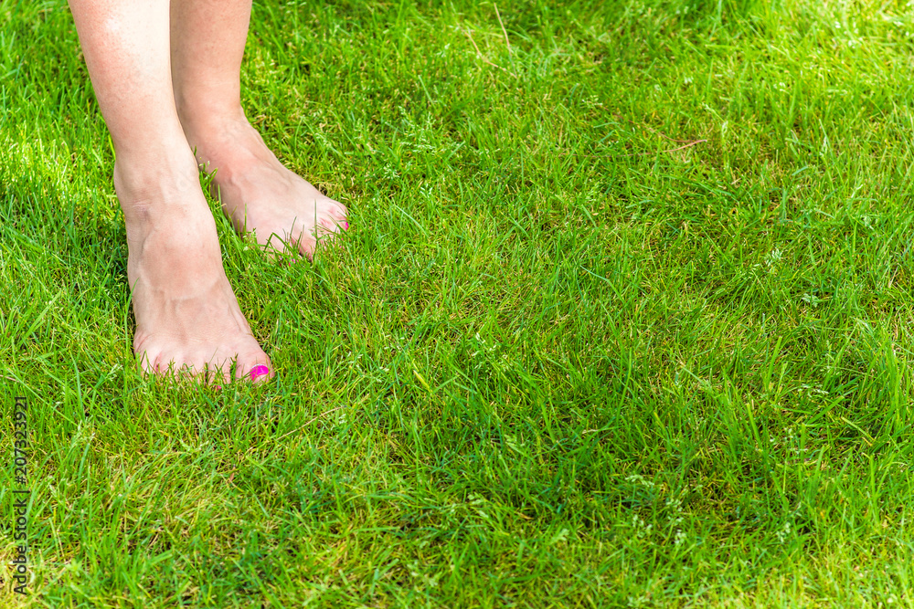 bare feet on green grass in summer