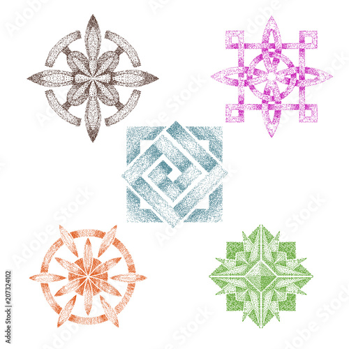 Dot work vector dotted geometric shape or abstract flower with tone and graphic decor drawing in point illustration set of dotwork art isolated on white background