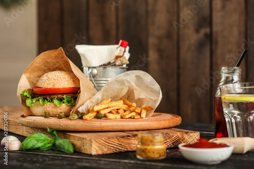burgers on a slate plate  - fast food (sandwich) - cuisine.  Food background