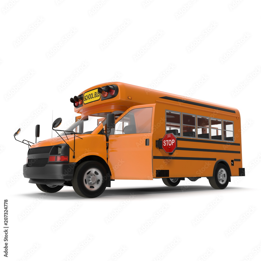 Yellow small school bus on white. 3D illustration