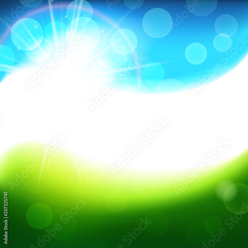 Green blue vector sunny background, bright spring and summer abstract backdrop with an empty space for text