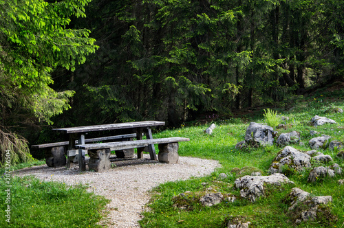 Rastplatz mit Holzbank vor einem Nadelwald