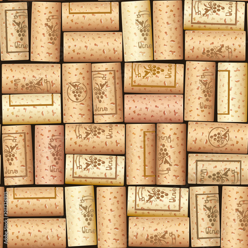 Wine bottle cork. Wooden tap. Seamless pattern. Design for wines