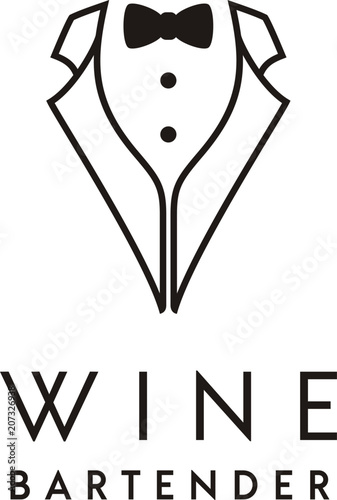 Wine Glass Tuxedo Suit Bow Tie for Luxury Bar Dinner Restaurant Waiter Bartender Logo design 