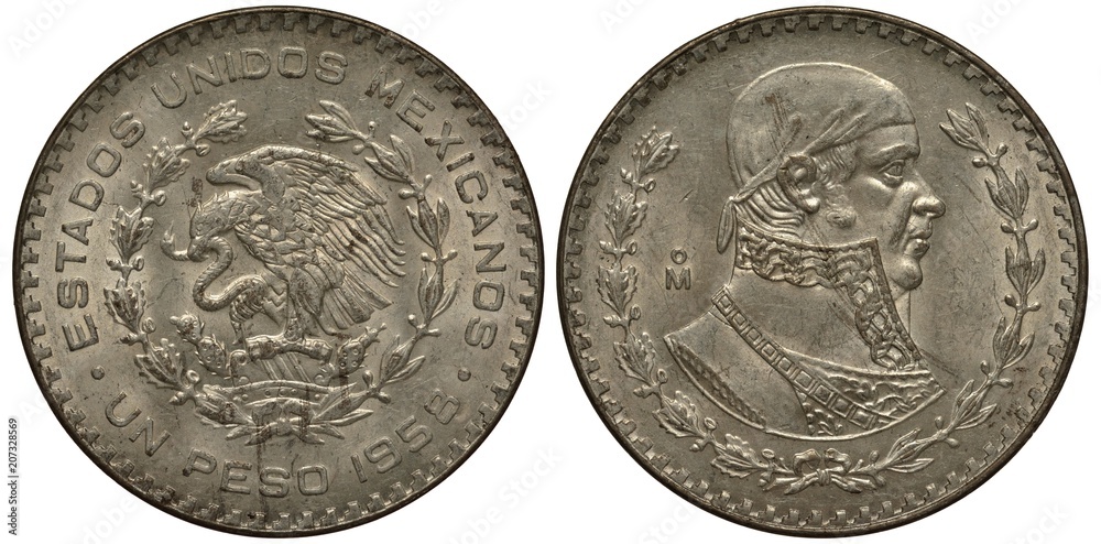 Mexico Mexican silver coin 1 one peso 1958, eagle on cactus catching snake,  bust of Hose Maria Morelos y Pavone, Stock Photo | Adobe Stock