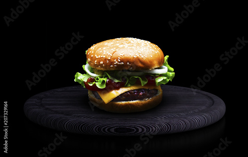 Cheese burger with grilled meat, cheese, tomato, salad and onion rings. Close-up of delicious fresh home made burger on black wooden board on a black background