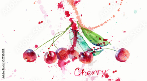 Cherry, watercolor illustration. Ripe berry on a white background. Juicy cherries. A colorful cherry painted in an expressive manner.