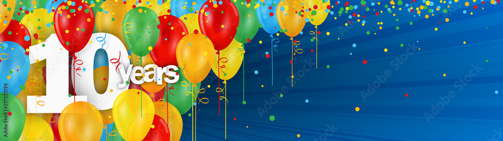 10 YEARS - HAPPY BIRTHDAY/ANNIVERSARY BANNER WITH COLOURFUL BALLOONS ...