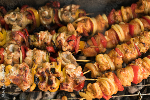 grilled shashlik with meat and vegetables